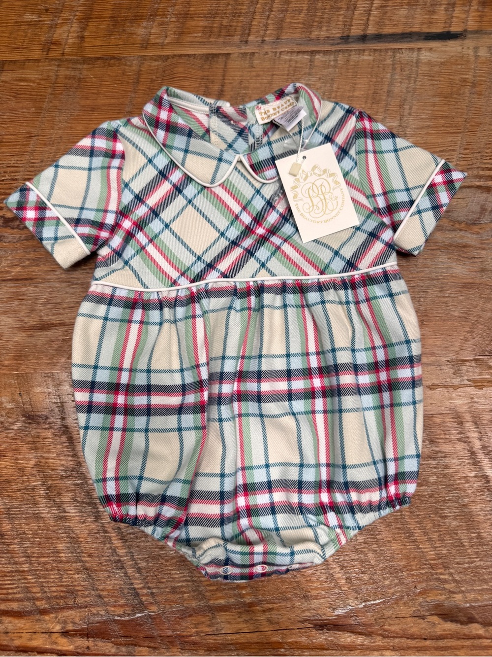 The Beaufort Bonnet Company Plaid Baby Bubble Romper - Cream, Green, Navy & Pink